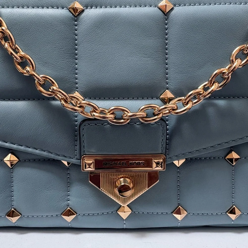 Michael Kors Studded Light Blue Quilted Shoulder Bag with Gold Chain